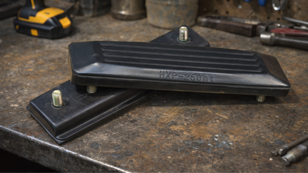 Bolt-on rubber track pads on a workbench